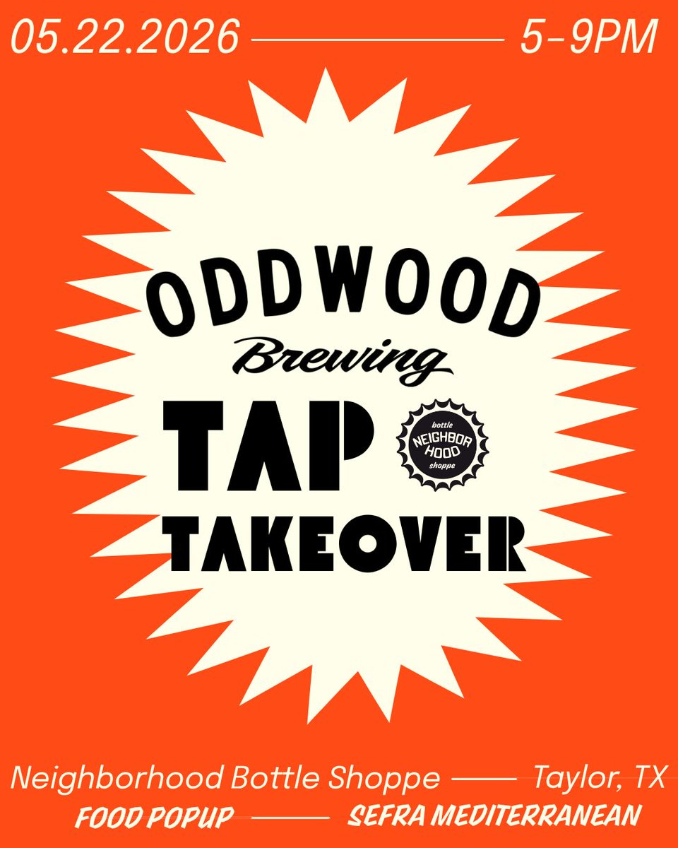 VisitTaylorTX's tweet photo. Oddwood Brewing 🤝 Sefra Mediterranean. The ultimate tap takeover is hitting Neighborhood Bottle Shoppe on May 22 (5-9pm)! Grab a fresh craft pour &amp; a legendary falafel wrap. It’s a winning combo you don’t want to miss! 🍻🥙

🔗 https://t.co/a0RxtnUl9E 
#TaylorMadeTexas https://t.co/M4eeCVGALj
