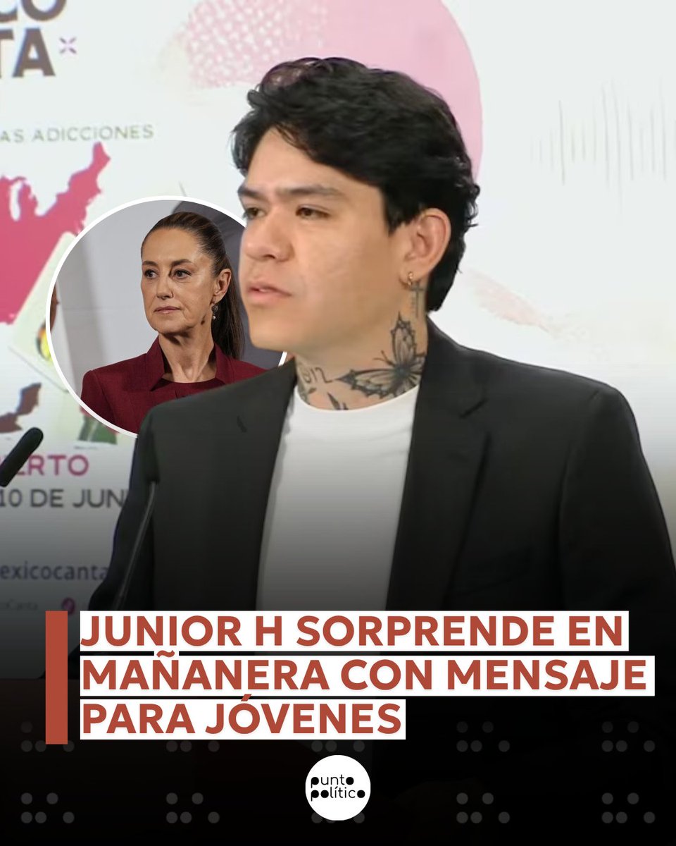 PtoPoliticoMX's tweet photo. 🔥🎶 Junior H llevó su reflexión hasta la mañanera.
El cantante habló sobre la influencia que tiene en millones de jóvenes y aseguró que ahora entiende la responsabilidad detrás de su música y de los mensajes que transmite.

#JuniorH #Mañanera #México #RegionalMexicano #Música https://t.co/0OXrItEWBy