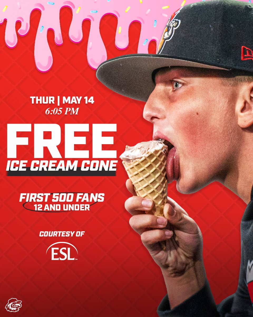 RocRedWings's tweet photo. 🍦 FREE ice cream? Say less 😮‍💨

The first 500 fans ages 12 and under on Thursday, May 14 will receive a FREE ice cream cone courtesy of ESL 🍨

First Pitch @ 6:05 PM

Get Tickets Here: https://t.co/UpcuETg38w https://t.co/DU1Qr65BNV