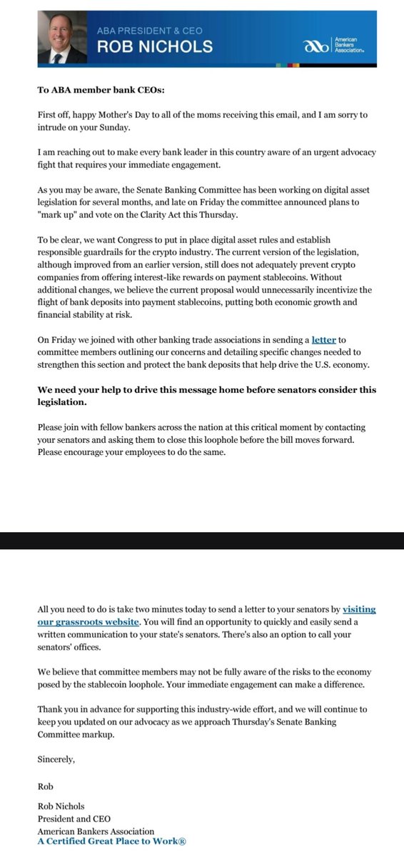 SharellHasley's tweet photo. BANKS IN FULL PANIC MODE

ABA’s CEO Rob Nichols sent an URGENT Mother’s Day message to EVERY bank CEO: “Happy Mother’s Day… now drop everything and lobby senators to KILL stablecoin yield before Thursday’s vote.”

They’re terrified you’ll move your money to USDC/USDT earning real yield instead of their 0.01% accounts.

This is the banking cartel’s last Hail Mary to protect their monopoly on your deposits.

The CLARITY Act is the biggest crypto market structure bill ever and it’s heading to Senate Banking markup THIS THURSDAY.