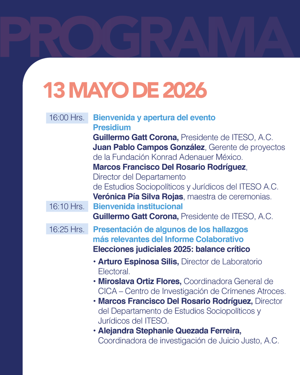 kasmexiko's tweet photo. 📚⚖️ ¿Qué retos enfrentan hoy las instituciones democráticas en México?

La #KASMéxico y el ITESO invitan al foro:

«Reconfiguración institucional y gobernanza democrática en México: reformas recientes»
🗓️ 13 mayo 2026
🕓 16:00 h
📍 ITESO / modalidad híbrida

Consulta el programa https://t.co/F85FZ6m8M6