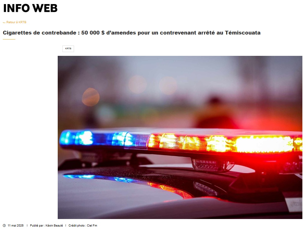 Info_KRTB's tweet photo. Cigarettes de contrebande : 50 000 $ d’amendes pour un contrevenant arrêté au Témiscouata

À lire ici : https://t.co/NErDvghaNR https://t.co/9lJqwqYx60
