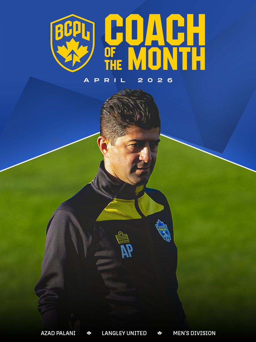 BCPLSoccer's tweet photo. Azad Palani of @langley_united has been named the BCPL Men’s Division Coach of the Month for April 🏆⚽️

Four wins from four to open 2026 📈🔥
A dominant first month for Palani and Langley United.

🔗 Full story: https://t.co/sAQdLSZ7Id https://t.co/o0o2S5AEg4