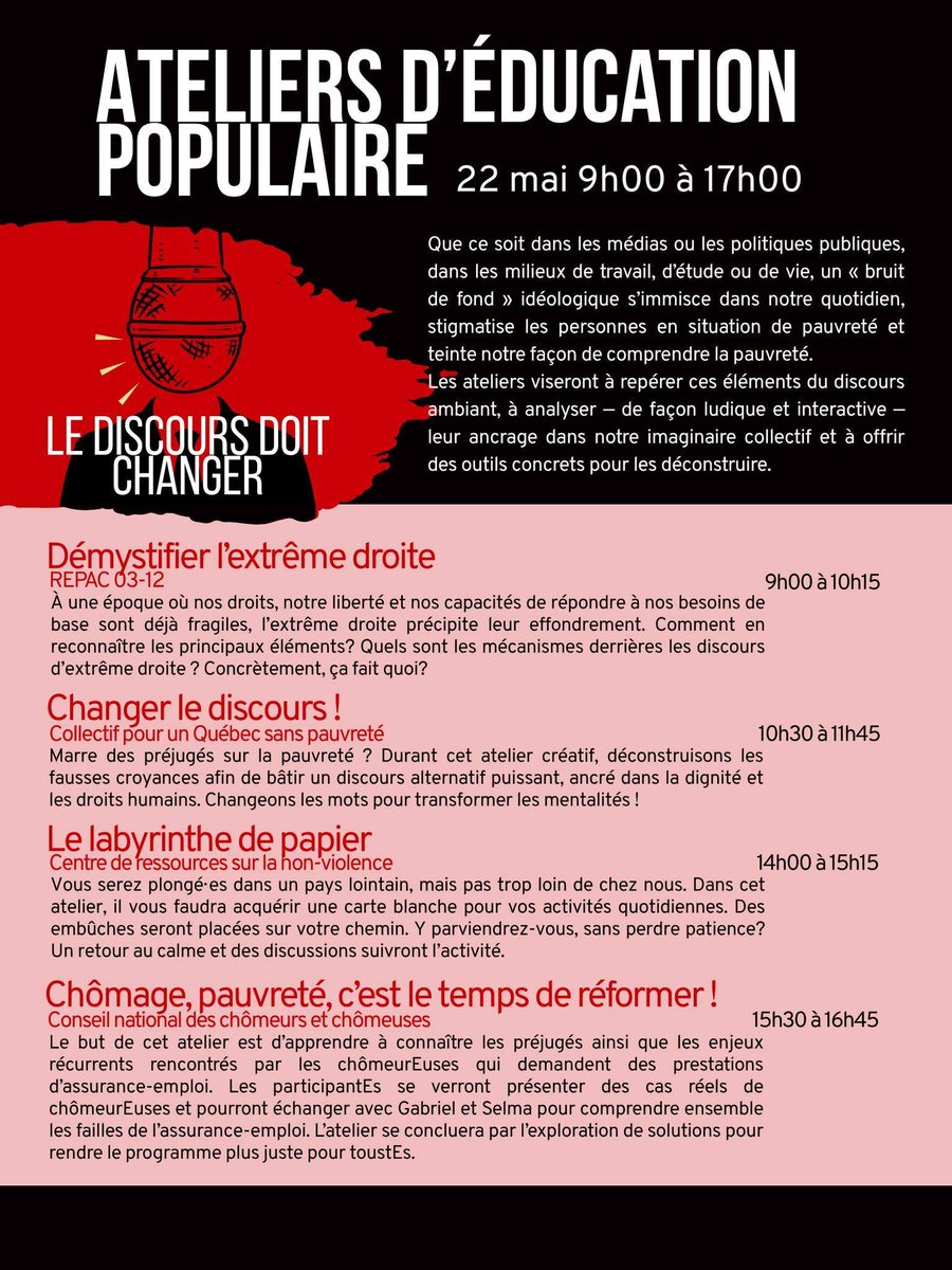 le_cnc's tweet photo. Le 22 mai prochain, à Québec, à l'occasion de l'Agora organisée par le Collectif pour un Québec sans pauvreté, le CNC présentera un atelier sur les enjeux principaux par rapport à l'assurance-emploi! 

👉 Pour en savoir plus: https://t.co/rrXurCkmbM

#polqc #polcan https://t.co/y2WI3k7Y3A