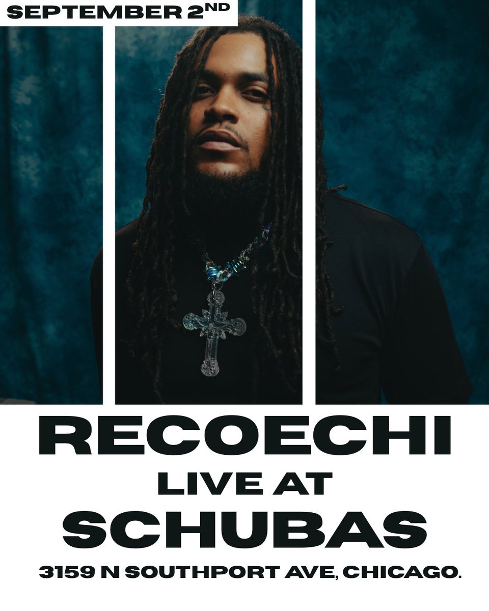 RecoeChi's tweet photo. 8/2/2026 SCHUBAS | MY FIRST HEADLINE SHOW. TICKETS ON SALE NOW https://t.co/lOwGjXm3o0 https://t.co/iTcPaJuBzm