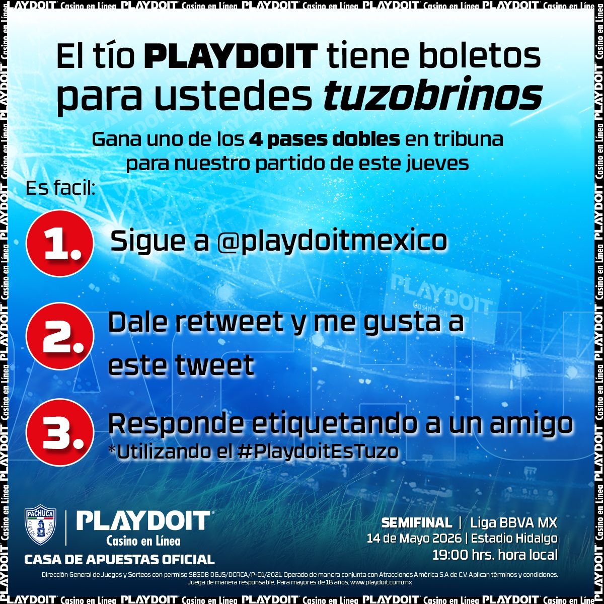 ✨ | ¡La suerte está con los Tuzos!

🎫 Gana 1 de los 4 pases dobles en tribuna que el tío <a href="/playdoitmexico/">Playdoit México</a> trae para ti y acompáñanos en nuestro partido de este jueves. 🏟️ 

‼️ Checa bien los pasos:

Tienes hasta el miércoles a las 12:00 hrs para participar.

#PlaydoitEsTuzo |