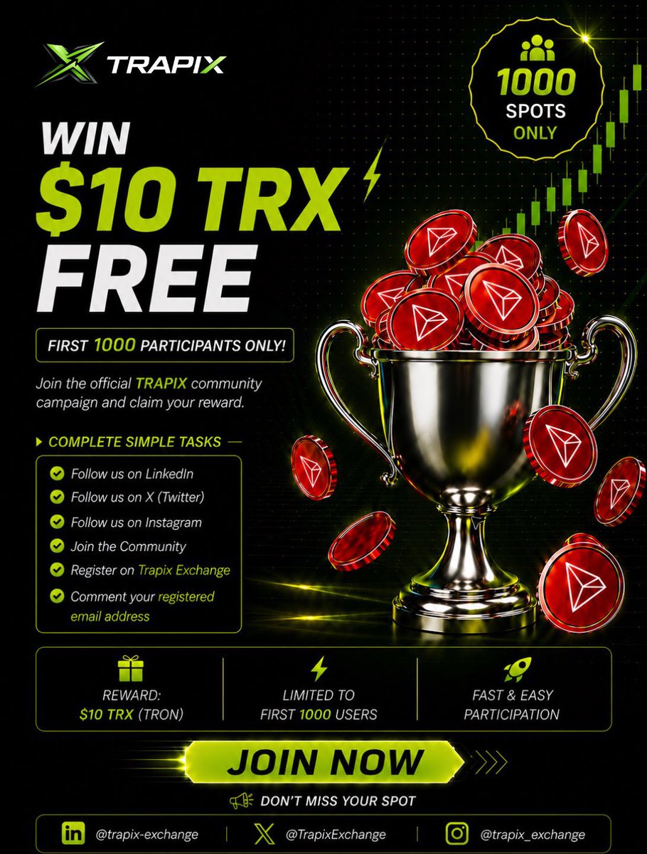 TrapixFounder's tweet photo. 🚨 FREE $10 TRX GIVEAWAY 🚨

TRAPIX is rewarding the first 1000 users with FREE TRX. 🔥

Complete simple tasks, join the community, and claim your reward before spots run out. 

🎁 $10 TRX Reward  
🌍 Open Worldwide  
⏳ Limited to 1000 Users

👉 Join Now &amp; Don’t Miss Your Spot https://t.co/82UYTzPPwu