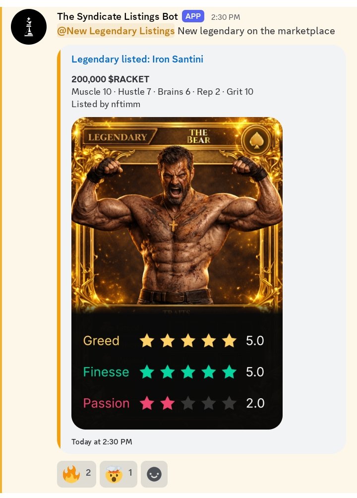 monarchisundead's tweet photo. Earlier I said I hoped to get either a Legendary or a god from packs today and you wouldn't believe it 😁

I opened just 1 pack and Pulled myself A Legendary, then I thought to myself... "The @SyndicateGameHQ has a market place and Chat on discord, I could negotiate with people for CAPOs I'd like"

And then I proceeded to buy two more Legendaries! from some Chad there 😼

From Hoping to get 1, I ended up getting 3, haha!

This is the closest you'll get to running an actual Syndicate.

Full Thesis Thread coming soon on why you shouldn't be sleeping on this game 🫡✍️