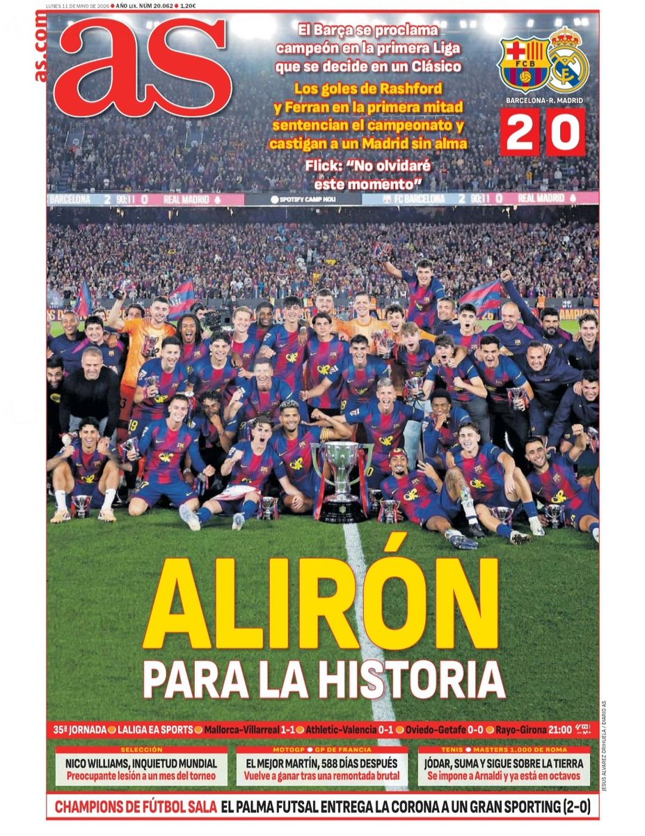 AsFoto_Orihuela's tweet photo. Foto de #Portada del @diarioas (11-05-26): Alirón para la historia 🗞📰 #portadaAS #ElClásico
・
・
#RMLiga #HalaMadrid #RMFans #RealMadrid #madridistas #FCBarcelona #ForçaBarça #Barça #CampNou #LaLiga #sportphotography #football #soccer #cover #frontpage #fútbol #Canon #DiarioAS https://t.co/D3E7oeiJSK