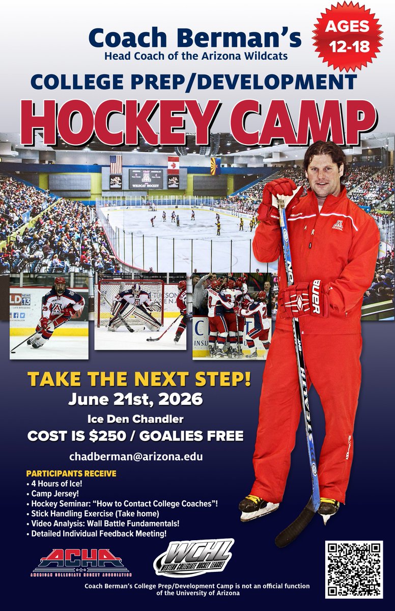 UAWildcatHockey's tweet photo. SIGN UP for Coach Berman's annual summer development camp NOW: https://t.co/bZy7jPKWYP 
WHEN: June 21, 2026 
WHERE: Ice Den Chandler 

#TakeTheNextStep https://t.co/NE3XXx5HPQ