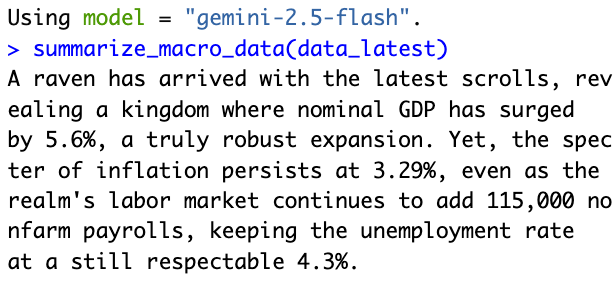 KyleLHandley's tweet photo. Teaching my @GPS_UCSD  students how to get the LLM in R stats to interpret macro data from FRED data API @stlouisfed. Once we got that working, I changed the prompt to write in the style of Game of Thrones. https://t.co/Ifbfpq5e4Q