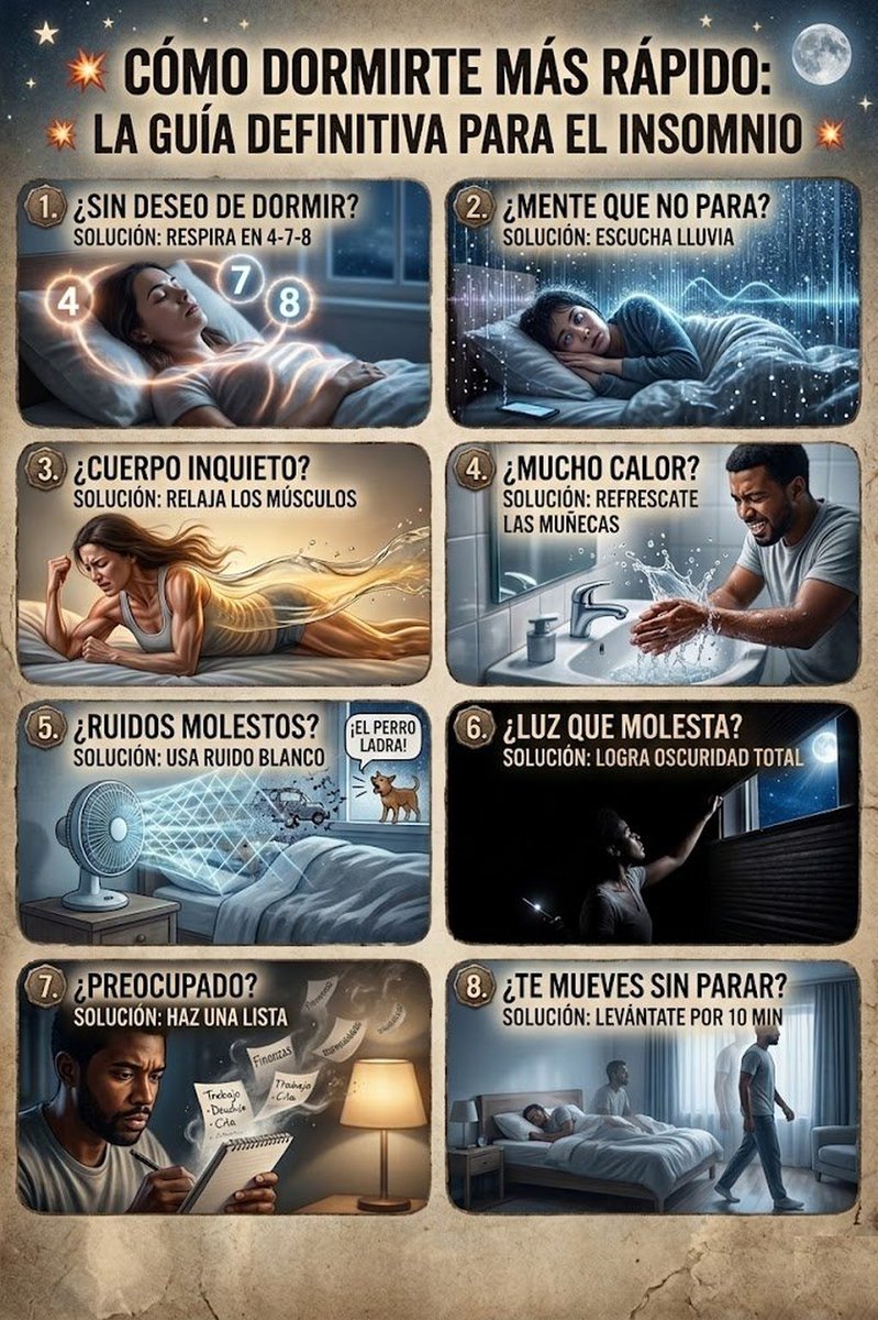SumaYVive's tweet photo. Esta noche, cuando no puedas dormir, recuerda esto:

No estás solo.

El 40% de la humanidad tiene el mismo problema ahora mismo.

Son más de 3.000 millones de personas mirando el techo.

Y la mayoría no sabe por qué.

Ni qué hacer al respecto. 

---

Tu cerebro mientras intentas dormir:

• Repasa lo que dijiste hace 7 años
• Planifica conversaciones que nunca tendrás
• Te recuerda todo lo que olvidaste hacer hoy
• Te inventa problemas nuevos

Y tú ahí, con los ojos cerrados, fingiendo.

Hay una razón para todo esto.

---

Sin deseo de dormir:

No es falta de cansancio.

Es exceso de cortisol.

La hormona del estrés bloquea la melatonina.

Solución probada:

🫁 Técnica 4-7-8
Inhala 4 seg → retén 7 seg → exhala 8 seg

Es la técnica de respiración más usada en el ejército para dormir en condiciones extremas.

---

¿Mente que no para?

Tu cerebro en modo «alerta» no distingue entre un tigre real y un WhatsApp sin responder.

Ambos activan la misma respuesta de estrés.

Solución: lluvia blanca o lluvia en loop.

El sonido constante ocupa la parte del cerebro que busca amenazas.

Y lo apaga.

---

¿Cuerpo inquieto en la cama?

Tu sistema nervioso está en modo supervivencia.

Técnica: relajación muscular progresiva.

Aprieta cada músculo 5 segundos. Suéltalo.

Empezando por los pies, subiendo hasta la cara.

Le dices al cuerpo: «No hay peligro. Puedes soltar».

---

¿Mucho calor y no puedes dormir?

El cuerpo baja su temperatura para entrar en sueño profundo.

Si estás acalorado, ese proceso falla.

Truco inmediato: moja tus muñecas con agua fría 30 segundos.

Ahí las venas están muy cerca de la superficie.

Enfría la sangre. Acelera el sueño.

---

¿Ruidos que te mantienen despierto?

No necesitas silencio absoluto.

Necesitas ruido constante.

El ruido blanco enmascara los sonidos irregulares que activan tu cerebro.

(El perro que ladra, el coche que pasa, la puerta que golpea)

Un simple ventilador hace el mismo efecto que 50€ en gadgets.

---

¿Luz que molesta?

Una sola luz de móvil en la oscuridad puede suprimir tu melatonina hasta un 50%.

Una sola.

Tu cerebro interpreta cualquier luz como «sigue siendo de día».

Oscuridad total o antifaz.

No es comodidad. Es señal biológica de que es hora de dormir.

---

¿Preocupaciones que no te dejan descansar?

Escríbelas antes de acostarte.

No para resolverlas.

Para sacarlas de la RAM de tu cerebro y pasarlas al disco duro.

Estudio de la Universidad de Baylor (2018):

Las personas que escriben su lista de tareas pendientes se duermen 9 minutos antes.

---

¿Te mueves sin parar y no puedes conciliar el sueño?

No te quedes en la cama despierto más de 20 minutos.

Cada vez que lo haces, tu cerebro asocia la cama con vigilia.

Levántate. Haz algo aburrido en penumbra.

Vuelve cuando tengas sueño real.

Así se reentrena el cerebro.

---

El dato que nadie te dice:

Dormir menos de 6 horas durante años no solo te cansa.

Duplica el riesgo de desarrollar Alzheimer.

Lo demostró Harvard analizando a 2.800 personas durante 5 años.

Durante el sueño profundo, el cerebro activa el sistema glinfático.

Que literalmente lava las toxinas del día.

---

Llevas años sin dormir bien.

Crees que es tu forma de ser.

Que tú «no necesitas tanto sueño».

No es verdad.

Es un hábito roto que se puede reparar.

Guarda este post.

Aplica una técnica esta noche.

Y si te ayudó, sígueme.

Cada semana información que cambia cómo vives. 🧠