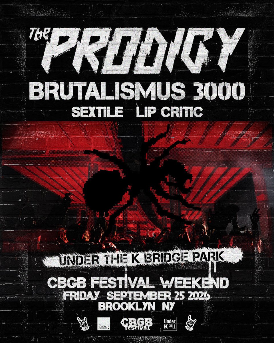 cbgbfest's tweet photo. For the first time in 17 years, THE PRODIGY return to New York City. A historic night kicks off CBGB Festival weekend at Under the K Bridge Park with Brutalismus 3000, Sextile, and Lip Critic on Friday, September 25. Register for presale access at https://t.co/6GLJCa8MYE https://t.co/qNAusJQwE7
