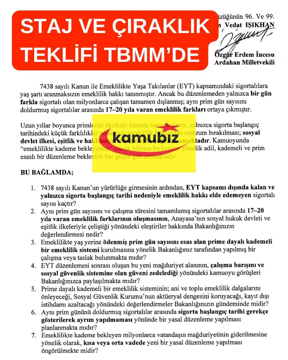 Kamubiz_com's tweet photo. 7 MADDELİK STAJ VE ÇIRAKLIK TEKLİFİ TBMM’DE

7438 sayılı Kanun ile Emeklilikte Yaşa Takılanlar (EYT) kapsamındaki sigortalılara yaş şartı aranmaksızın emeklilik hakkı tanınmıştır. Ancak bu düzenlemeden yalnızca bir gün farkla sigortalı olan milyonlarca çalışan tamamen dışlanmış; aynı prim gün sayısını doldurmuş sigortalılar arasında 17-20 yıla varan emeklilik farkları ortaya çıkmıştır.

Uzun yıllar boyunca primlerini eksiksiz ödemiş vatandaşların, yalnızca sigorta başlangıç tarihindeki küçük farklılıklar nedeniyle emeklilik hakkından mahrum bırakılması; sosyal devlet ilkesi, eşitlik ve hakkaniyet duygusuyla bağdaşmamaktadır. Kamuoyunda “emeklilikte kademe bekleyenler” olarak bilinen bu kesime yönelik adil, kademeli ve prim esaslı bir düzenleme beklentisi her geçen gün artmaktadır.

@CirakStajFED
#StajyerÇırakHakkınıAlacak

Özgür Erdem İncesu
Ardahan Milletvekili