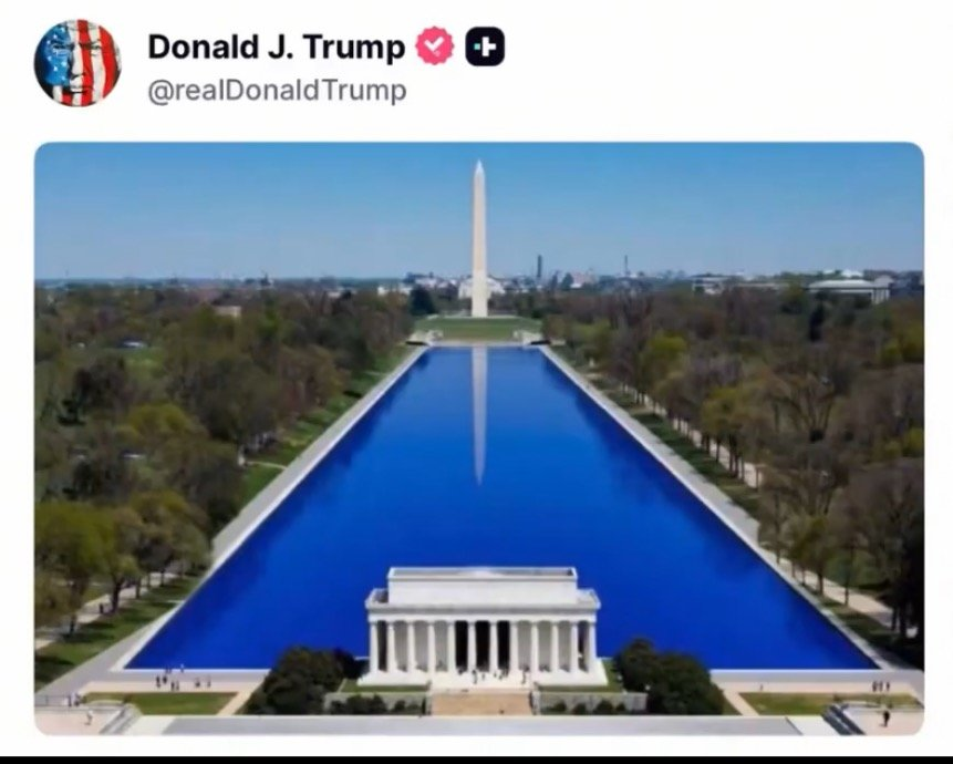 TrumpGirlOnFire's tweet photo. Leftists are now suing to stop Trump from painting the filthy Reflecting Pool a beautiful American flag blue.

If Obama had decided to paint it bright red or some woke rainbow color, the media would’ve called it ‘brilliant artistic vision’ and ‘modernizing a national treasure.’ No lawsuits, no outrage — just glowing coverage.

But Trump wants it bold, clean, and patriotic? Suddenly it’s a historic tragedy that must be stopped.