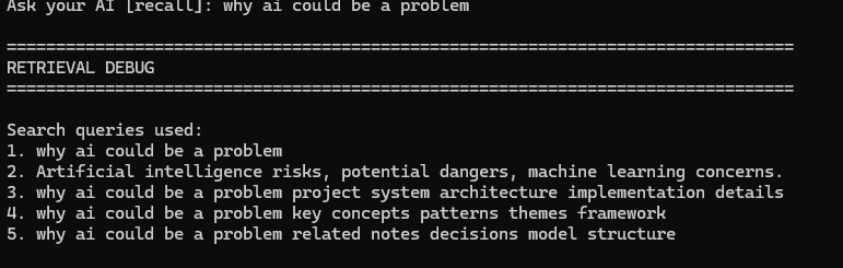 iCyNatural's tweet photo. Built a local semantic memory engine around my own ideas.

Asked it:“why ai could be a problem”
It searched years of conversations, expanded the query semantically, reranked memories, then synthesized a structured answer from my own thought patterns. https://t.co/N7w4pj9MfG