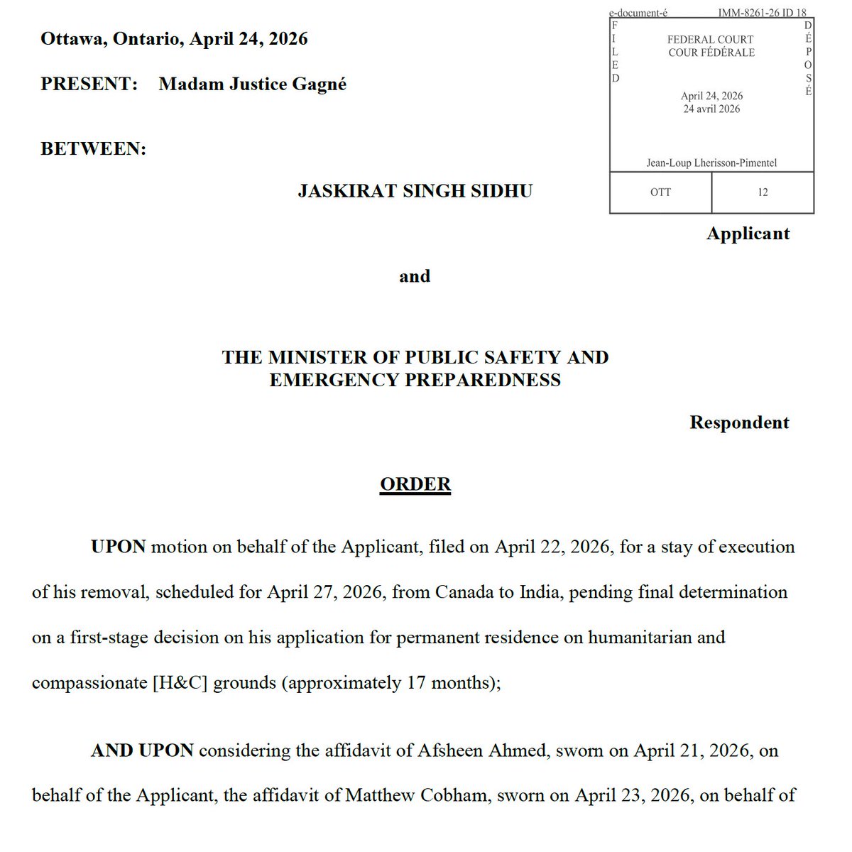 BezirganMocha's tweet photo. EXCLUSIVE: I've obtained the official order from Canada’s Federal Court in which Madam Justice Jocelyne Gagné temporarily halted Jaskirat Singh Sidhu’s deportation.

A detailed breakdown of exactly what the judge granted and what she rejected is coming tonight.
Exclusive to @MediaBezirgan.

Sidhu is the truck driver responsible for the 2018 Humboldt Broncos tragedy that claimed 16 lives. 
The sentencing judge described his level of moral blameworthiness as high. 
He's been fighting his deportation order after serving only 3.5 years of his 8-year sentence behind bars.

Thank you to our generous donors for funding this primary-source accountability journalism.