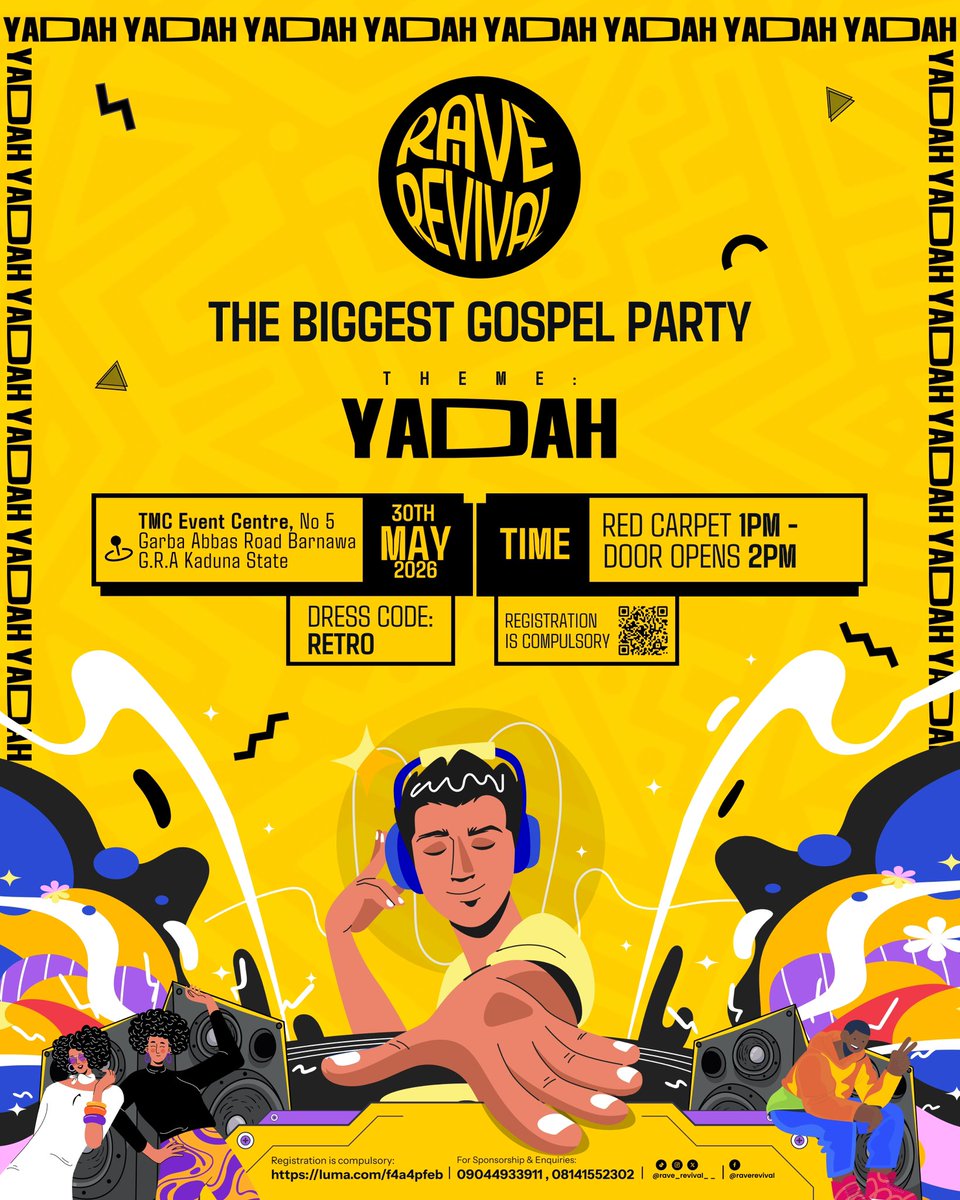 The biggest gospel party is happening THIS MAY in Kaduna State!!!🔥🔥 

Expect high energy partying, community building, intriguing games and a lot more

Register using the link on the bio.

#gospelmusic #gospelparty #kaduna #raverevival