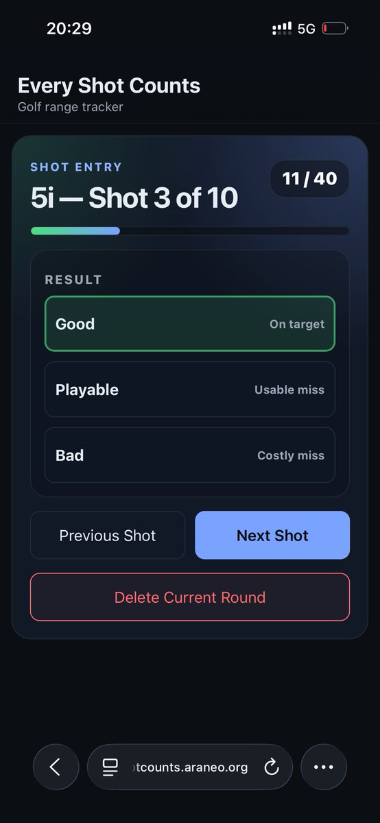 renzoblumenthal's tweet photo. You enter it manually after each shot.

Sounds tedious initially, but it actually forces a small reset between balls instead of just rapid firing at the range.

I’ve found it makes practice feel a bit more like playing on the course where every shot has a consequence and a short reflection after it.