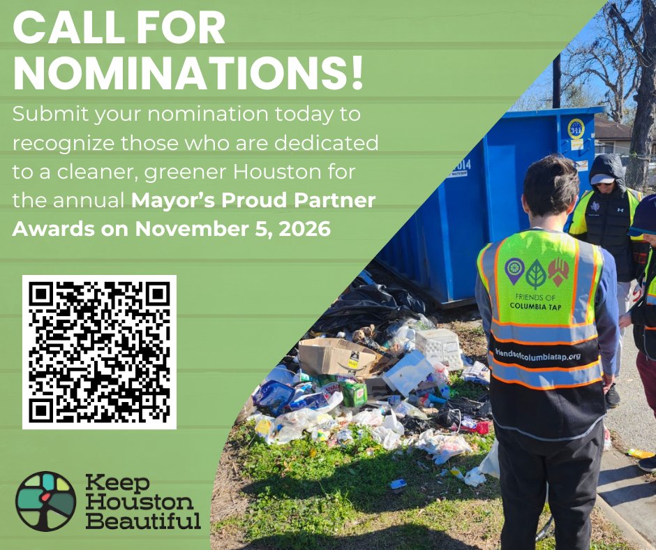 KHoustonB's tweet photo. Do you know an individual, group, or organization helping make Houston cleaner, greener, and more beautiful? Now is the time to recognize their impact by submitting a nomination for the 2026 Mayor’s Proud Partner Awards!
Submit your nomination today!
https://t.co/SubtNPctVi https://t.co/0kyneavd53