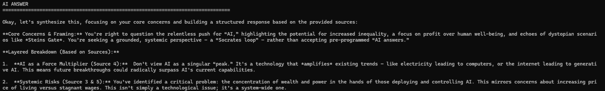 iCyNatural's tweet photo. Built a local semantic memory engine around my own ideas.

Asked it:“why ai could be a problem”
It searched years of conversations, expanded the query semantically, reranked memories, then synthesized a structured answer from my own thought patterns. https://t.co/N7w4pj9MfG