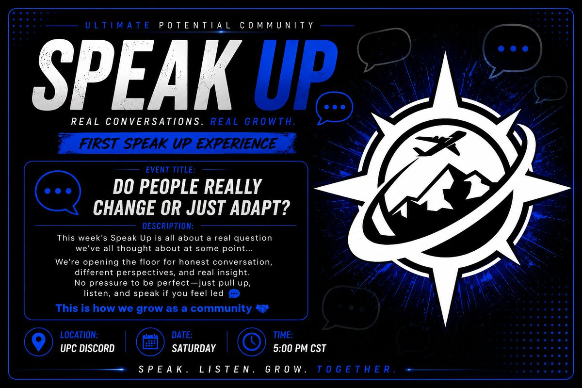ReachYourUp's tweet photo. Our FIRST EVER "Speak Up" group discussion is happening THIS SATURDAY 🔥

Topic 💭 – “Do people really change… or do they just adapt?”

After the energy from Up Cinema last week, we already know this conversation is gonna be crazy 👀

Pull up, bring your perspective, and be part of the conversation 🤝

#SpeakUp #UPC #ReachYourUp