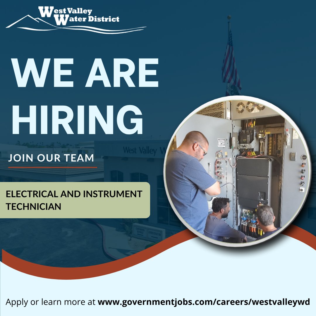 MyWVWD's tweet photo. We’re Hiring! 📢

West Valley Water District is looking for an Electrical and Instrument Technician to help support the critical infrastructure that keeps our operations running smoothly.

If you’re a motivated professional who’s passionate about public service, innovation, and maintaining reliable water operations, this role is for you!

Apply today and learn more at: https://t.co/n1LGrpeacq

#mywvwd #careersinwater #electrical #water