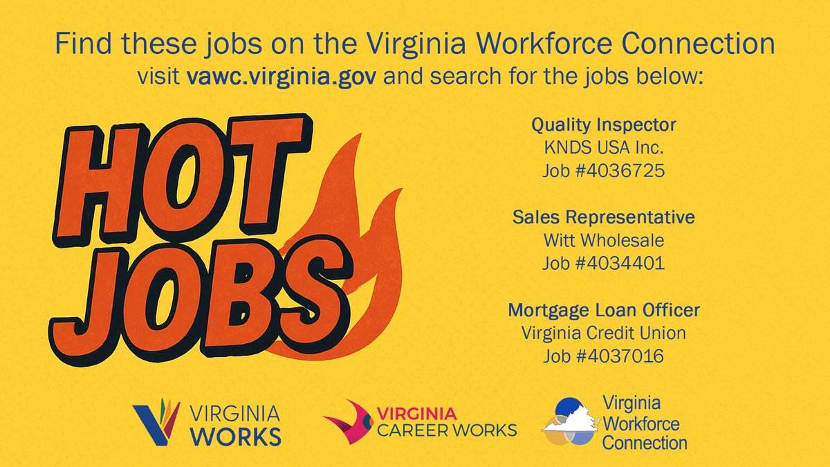 vcwcentral's tweet photo. HOT JOBS - WEEK OF 5/11: KNDS is hiring a Quality Inspector, Witt Wholesale is hiring a Sales Representative, and @VACreditUnion is hiring a Mortgage Loan Officer. Learn more at https://t.co/vIzshPrkEH. Search for the job numbers listed on the attached image. https://t.co/D1A3fHw04y