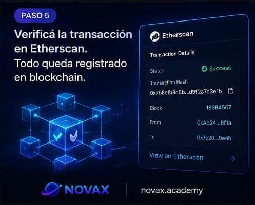 Novax_academy's tweet photo. 🔍 Paso 5: La prueba inmutable.

¿Dudas sobre si funcionó? Busca tu transacción en Etherscan.

Ahí verás la magia de la blockchain: un registro transparente, eterno y público de lo que acabas de hacer. Estás en la cadena. https://t.co/1qM15lZ51X