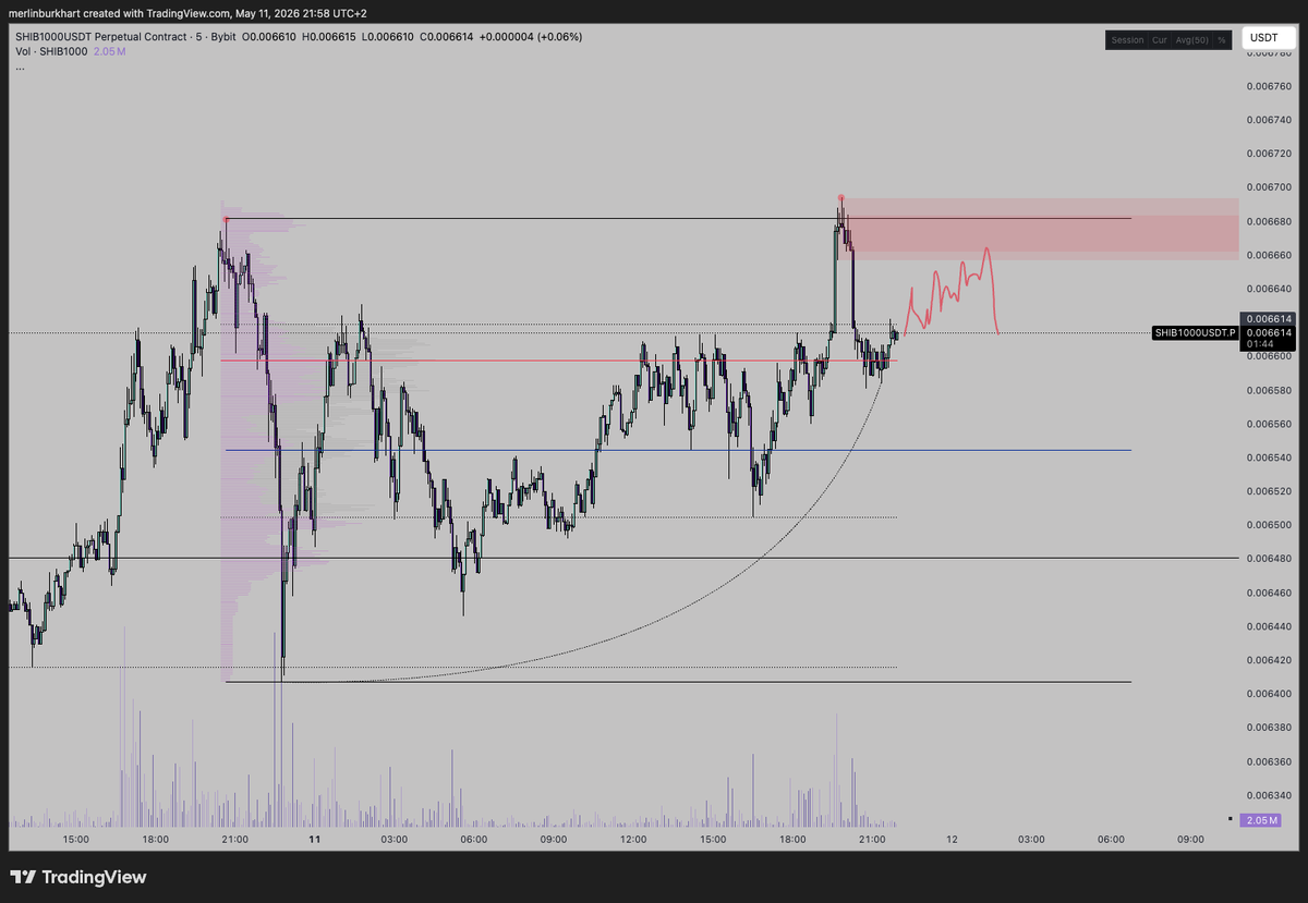 MerlinBurkhart's tweet photo. I'm still watching for something like this and don't want to give SHIB up yet. 

I won't execute this time if I don't get the confluence i want from BTC right here.
Preferred scenario would be taking out the range high and confirm a new pivot for the week which would turn into new P1 if we take the weekly low further into the week. 

Lets see.