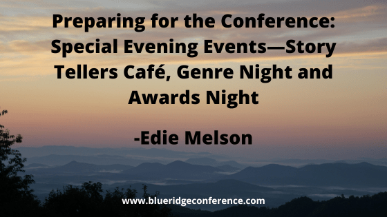 terrywhalin's tweet photo. Preparing for the Conference: Special Evening EventsโStory Tellers Cafรฉ, Genre Night and Awards Night from award-winning author Edie Melson (@EdieMelson) on @BRMCWC #Writingconference #Writing #BRMCWC https://t.co/FMNgRW7yY4 https://t.co/DarJvPYx4u