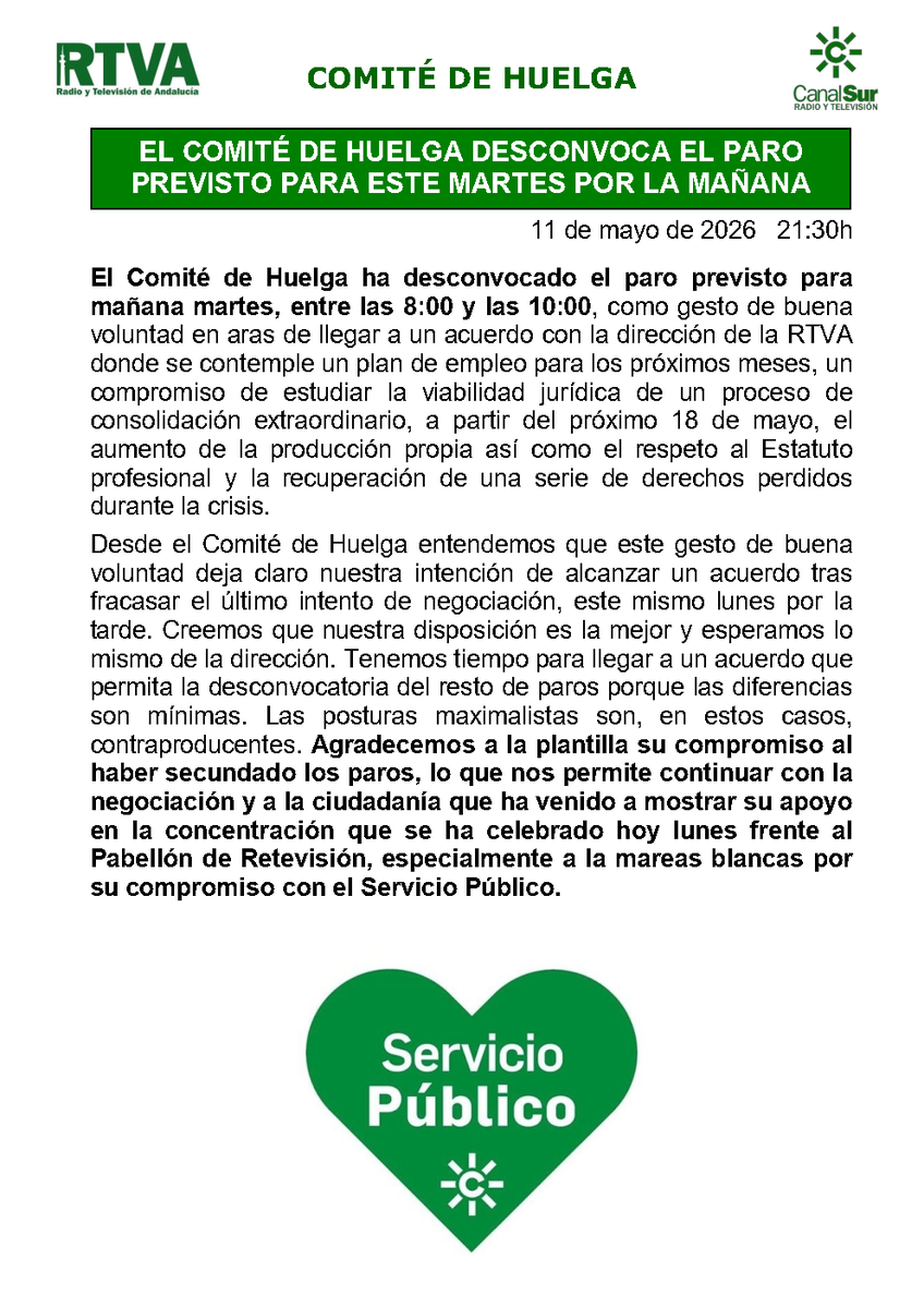 ccoortva's tweet photo. Se desconvoca el paro de mañana para mantener una reunión con la dirección donde se pueda llegar a acuerdos que satisfagan la reivindicación de las personas trabajadoras. https://t.co/vR9ehiIT33