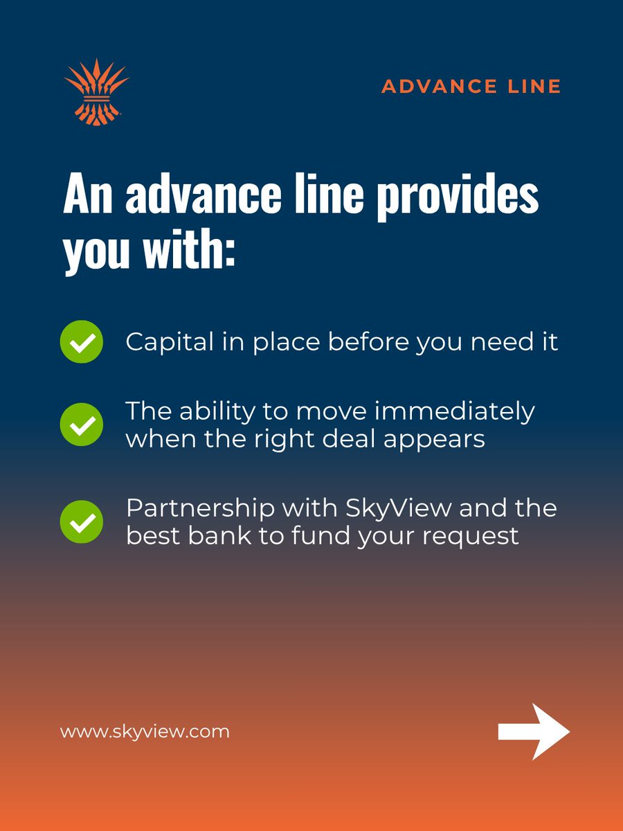SkyViewPartners's tweet photo. In RIA M&amp;A, capital ready = deals won.

Move with speed and certainty when the right opportunity appears.

➡️ Pre-approve your next acquisition with an advance line today: https://t.co/n3C9YOJ6x7 https://t.co/iAf3TB7y2d