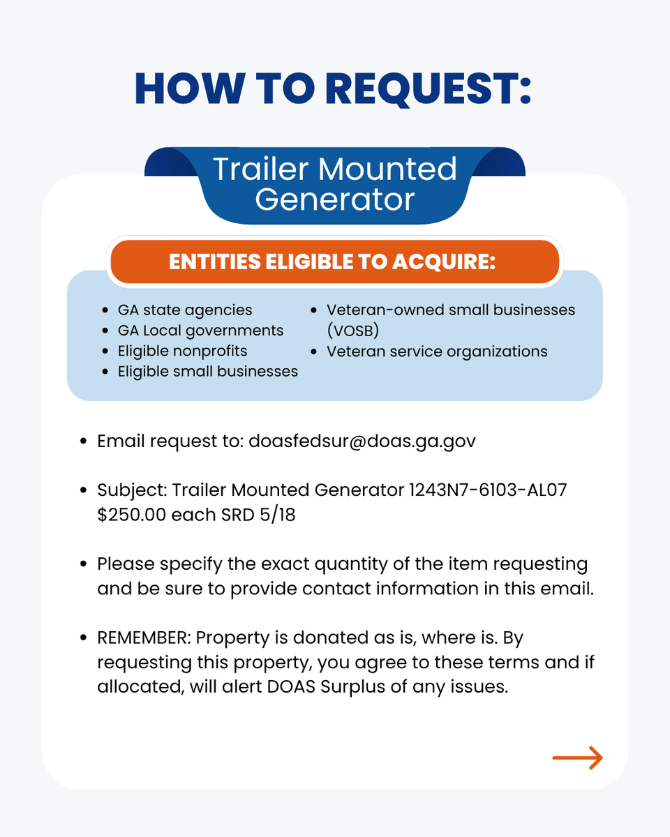 GAStateSurplus's tweet photo. Request this Trailer Mounted Generator from GA DOAS Surplus by May 18! Email doasfedsur@doas.ga.gov with item name, quantity, and contact info. Must be enrolled in the GA Surplus Property Program. #SurplusProperty #GeorgiaDOAS #TrailerMountedGenerator https://t.co/WSajvHAirq