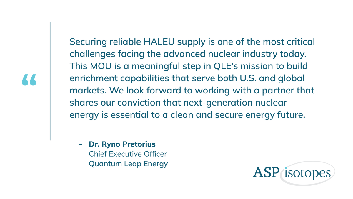ASPIsotopes's tweet photo. ASP Isotopes' Subsidiary Quantum Leap Energy (QLE) Enters into Memorandum of Understanding with European Nuclear Technology Company for Advanced Nuclear Fuel Supply Collaboration

Read the full press release: https://t.co/ypRhxXHqx3 https://t.co/Lm4tUMjYe5