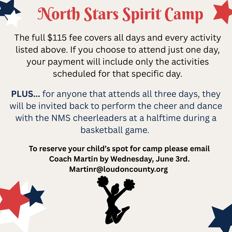 northmiddlestar's tweet photo. ✨📣 Ready to shine with the North Stars? Join us for North Stars Spirit Camp! ❤️⭐️💙 Learn cheers, have fun, make memories, and show your spirit! Don’t miss out — read the post for all the details and sign up today! #NorthStarsSpiritCamp #NorthNation https://t.co/YwkAIyZ6P9
