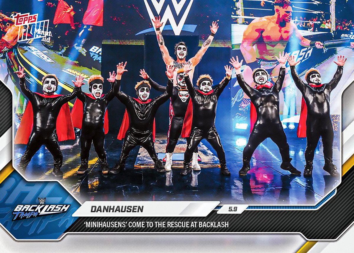 Topps's tweet photo. JUST IN: @DanhausenAD and the Minihausens are on a brand-new WWE trading card! https://t.co/8boFRE8egx