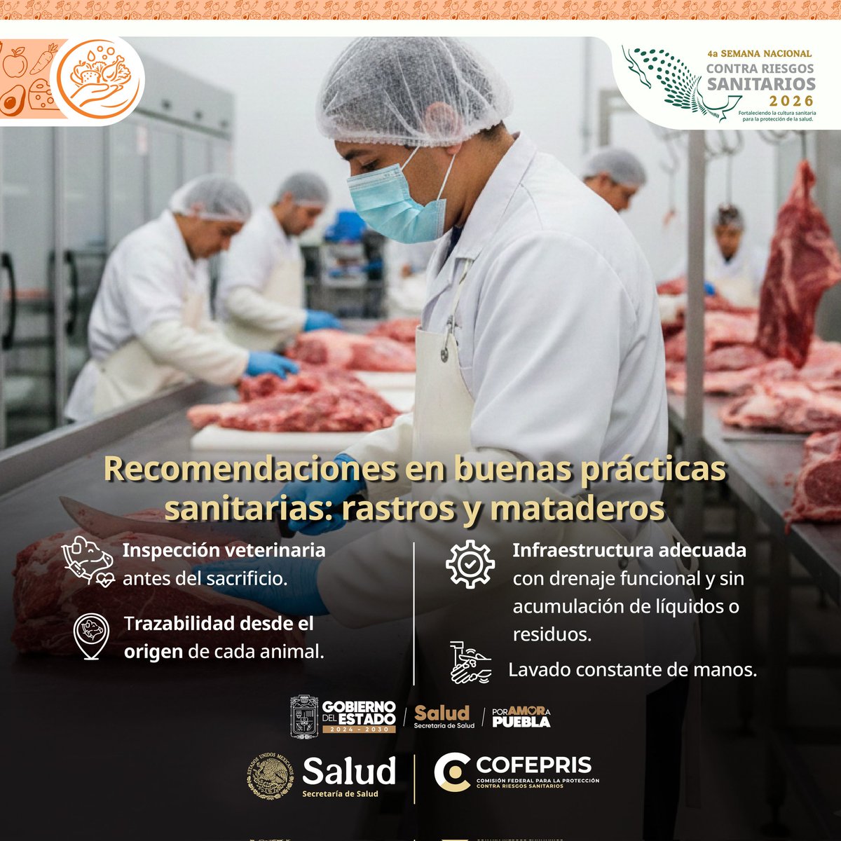 SaludGobPue's tweet photo. En la #SemanaContraRiesgos recuerda que para garantizar productos cárnicos seguros, es vital que #Rastros y #Mataderos sigan buenas prácticas sanitarias.

#CofeprisTeRecomienda cumplir la normativa para proteger la salud de las familias mexicanas. 🛡️✨

#BuenasPrácticas https://t.co/drYR5JAEQw