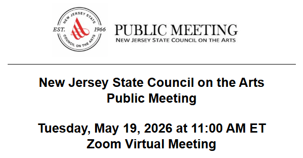 NJArtsCouncil's tweet photo. Join us! The New Jersey State Council on the Arts will convene a regularly scheduled public meeting on May 19th, 2026 at 11:00 am via Zoom. The event is free and open to the public! Learn more: https://t.co/solzZnSEa2 #njarts https://t.co/b4bEkMrHYH