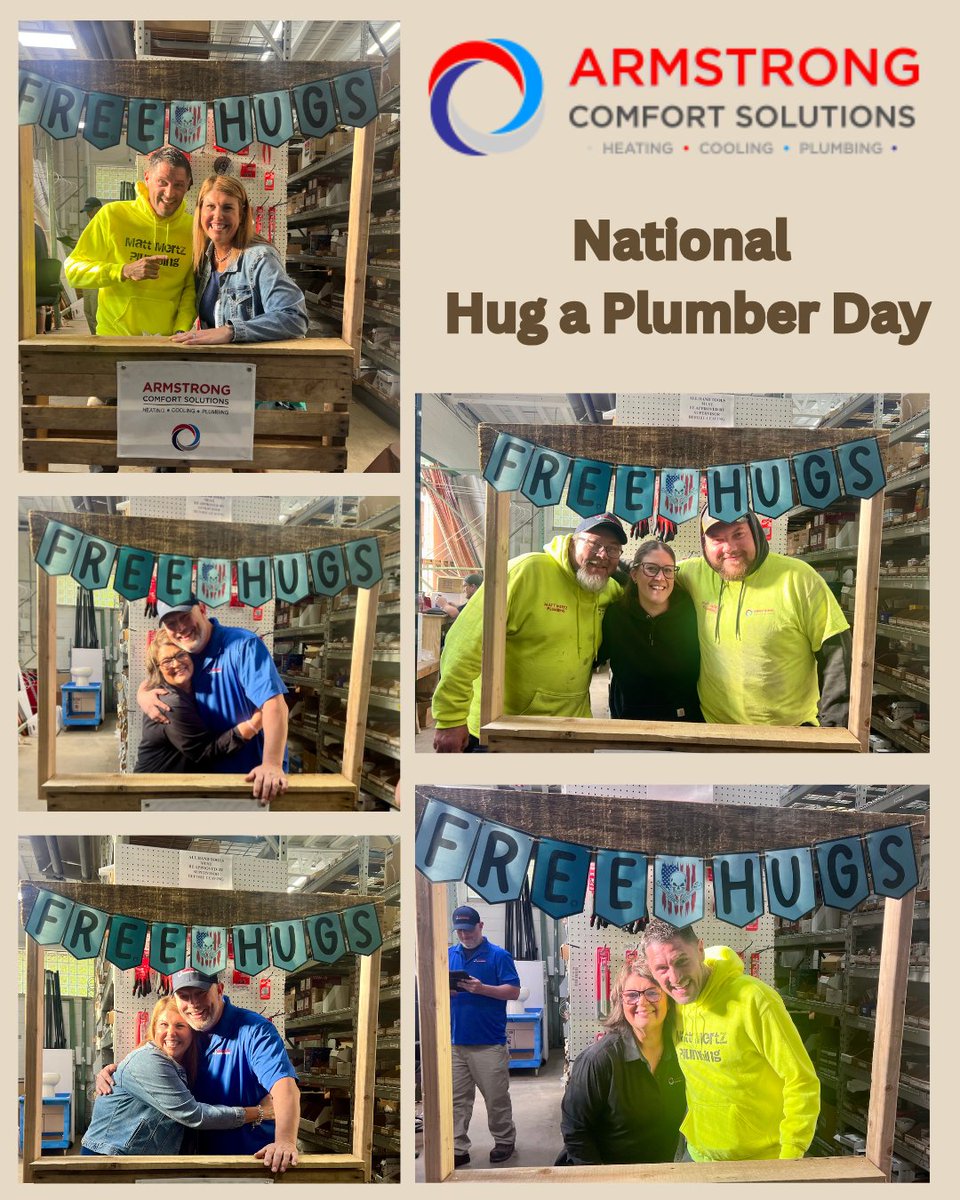 ArmstrongHVAC's tweet photo. Last week we celebrated National Hug a Plumber Day!

The Armstrong Comfort Solutions team would like to thank all our plumbers.  We appreciate all your hard work! https://t.co/c7g47yH3CP