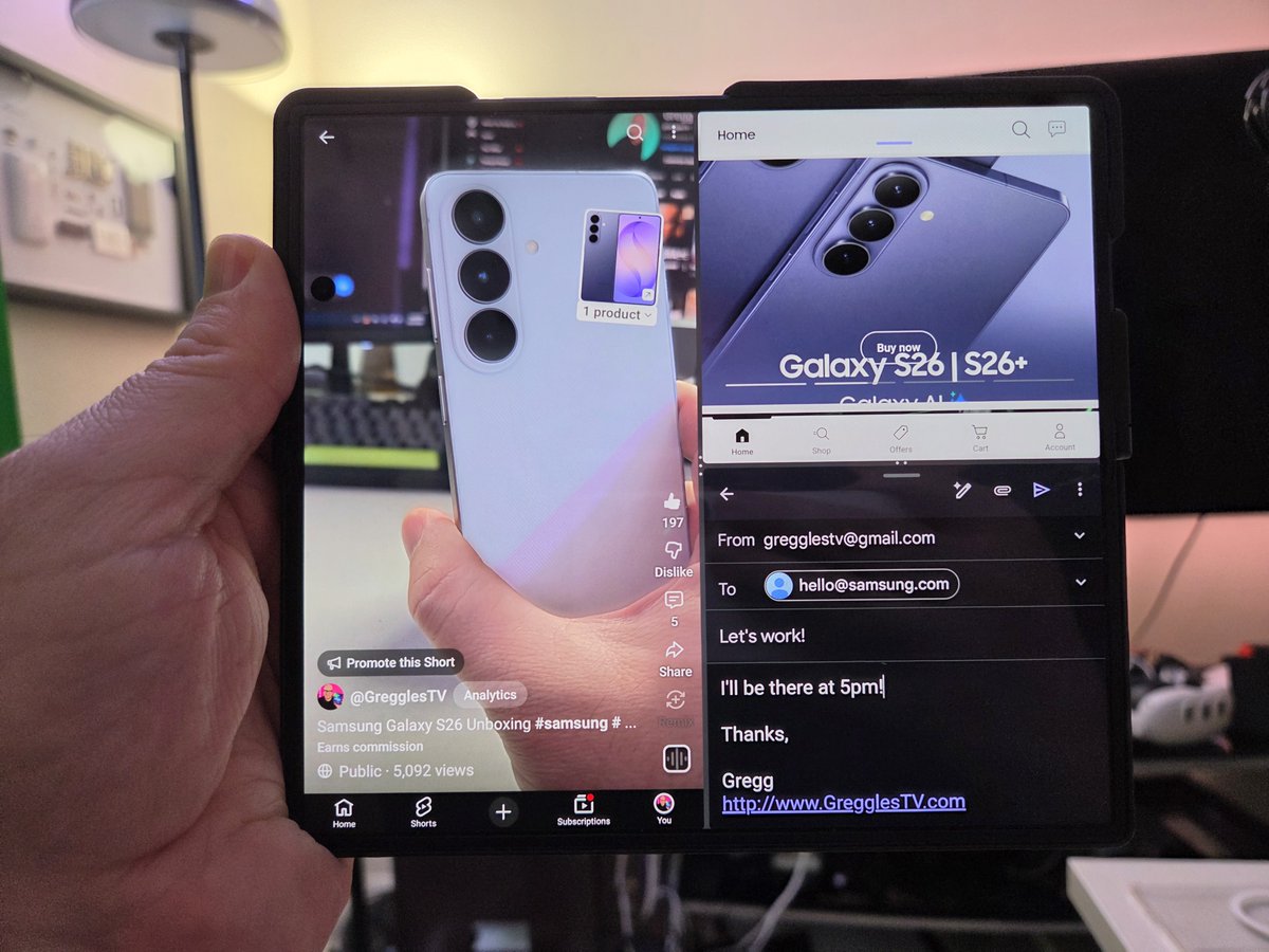 GregglesTV's tweet photo. The Galaxy Z Fold 7 isn’t just a phone that opens…

It’s a pocket-sized command center.

Videos, emails, notes, shopping, editing, multitasking  all at the same time. My favorite phone of all time!

Once you get used to the big screen, going back to a regular phone feels tiny.

@SamsungMobileUS  #GalaxyZFold7 #SamsungPartner