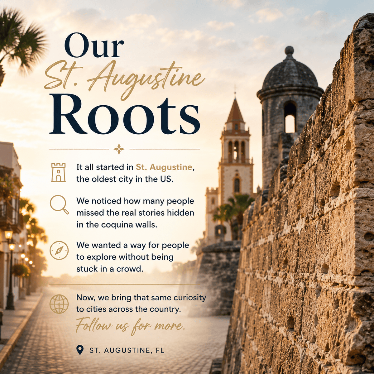 CityQuestAdv's tweet photo. Our St. Augustine Roots

It all started in St. Augustine, the oldest city in the US. We noticed how many people missed the real stories hidden in the coquina walls. 

We wanted a way for people to explore without being stuck in a crowd. Now, we bring that same curiosity to cities across the country. Follow us for more.

#StAugustine #BrandStory #SmallBusiness #CityExplorers #HistoryBuff #CityQuestAdventures #WalkingTours