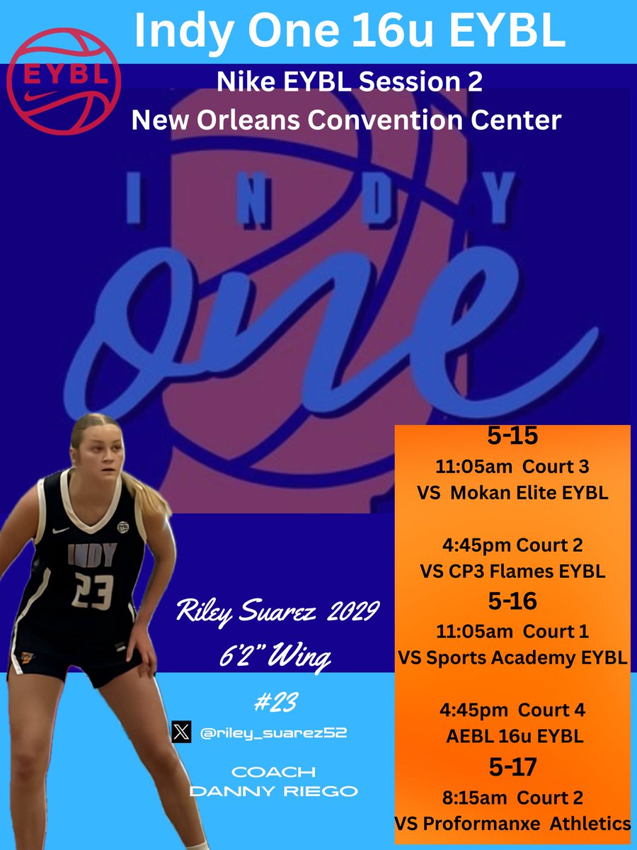 riley_suarez52's tweet photo. Live session 2 loading…
Ready to work and we will be at @NikeGirlsEYBL  Session 2 in New Orleans this weekend! Would love if you all would come check us out💪🏼

@IndyOneEYBL @dannyriego @M14hoopsindy @PGHIndiana @HHHuskiesGBB https://t.co/Hj0kqqrJKH