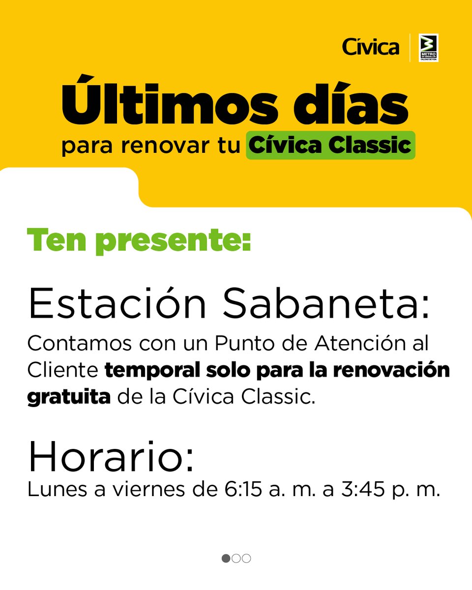metrodemedellin's tweet photo. ⏳ Los días pasan y tú podrías quedarte sin la posibilidad de renovar tu Cívica Classic. 💳

Lo primero que debes hacer es confirmar si necesitas realizar la renovación. Puedes consultarlo aquí 👇
https://t.co/llLtoFoaq4

Si debes realizar este proceso, te esperamos en los Puntos de Atención al Cliente de Sabaneta, Niquía, Acevedo, San Javier, San Antonio e Itagüí. 😊