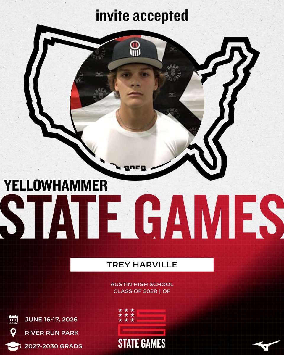 PrepBaseballAL's tweet photo. 𝐈𝐧𝐯𝐢𝐭𝐞 𝐀𝐜𝐜𝐞𝐩𝐭𝐞𝐝 ✅

@TreyHarvil87907 is headed to the 2026 Yellowhammer State Games this June.

📍 River Run Park | Northport, AL
📅 June 16-17, 2026

Learn more and request your invite below. 👇

🔗: https://t.co/ONiSCArk3z || #YSGames26 https://t.co/FqSMw5saAk
