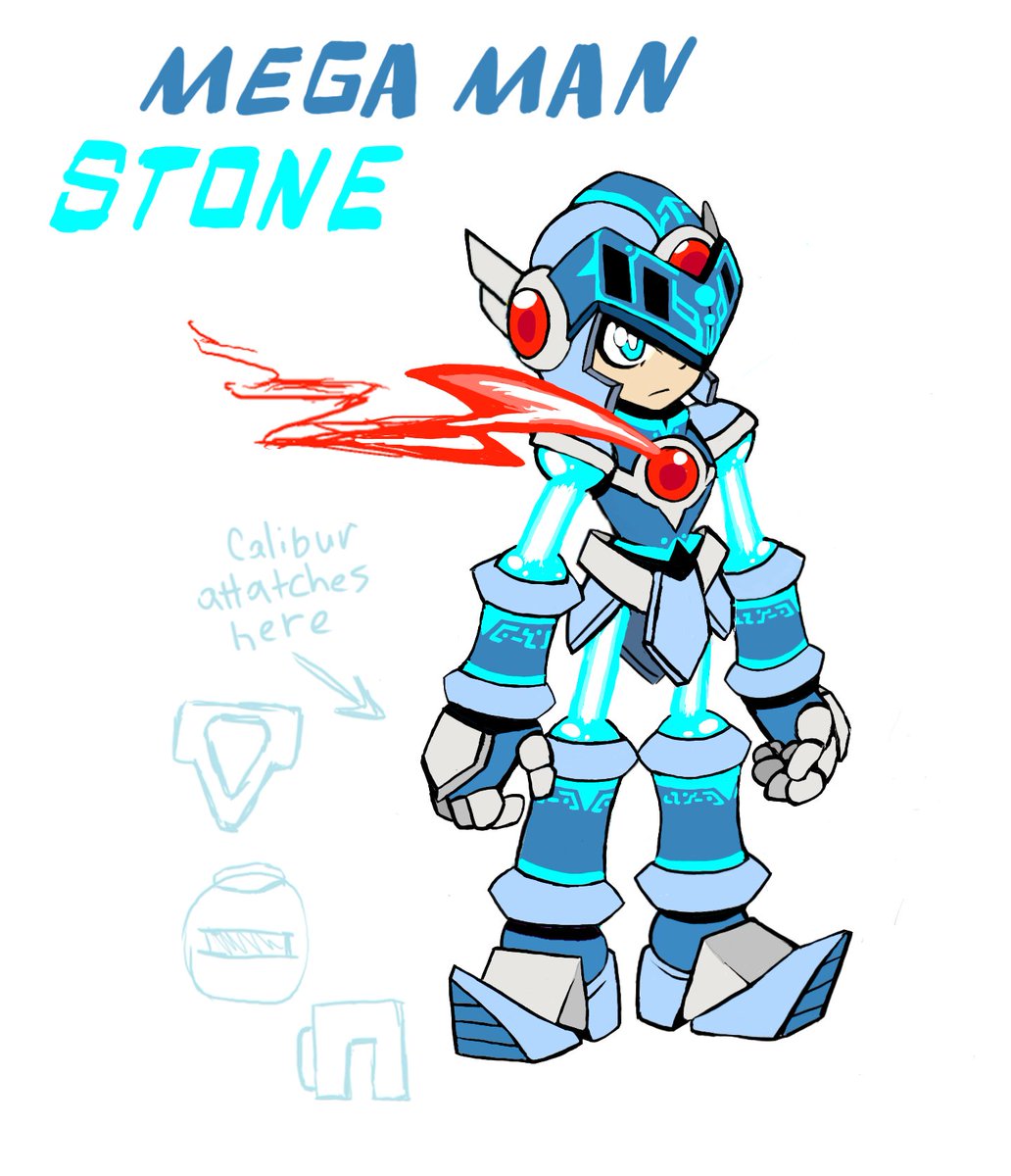 Solbliminal's tweet photo. Wanted to take another stab at my Mega Man Calibur art style and update / tweak designs a bit.

Here is Mega Man Stone's updated design. https://t.co/mpYojWR0KX