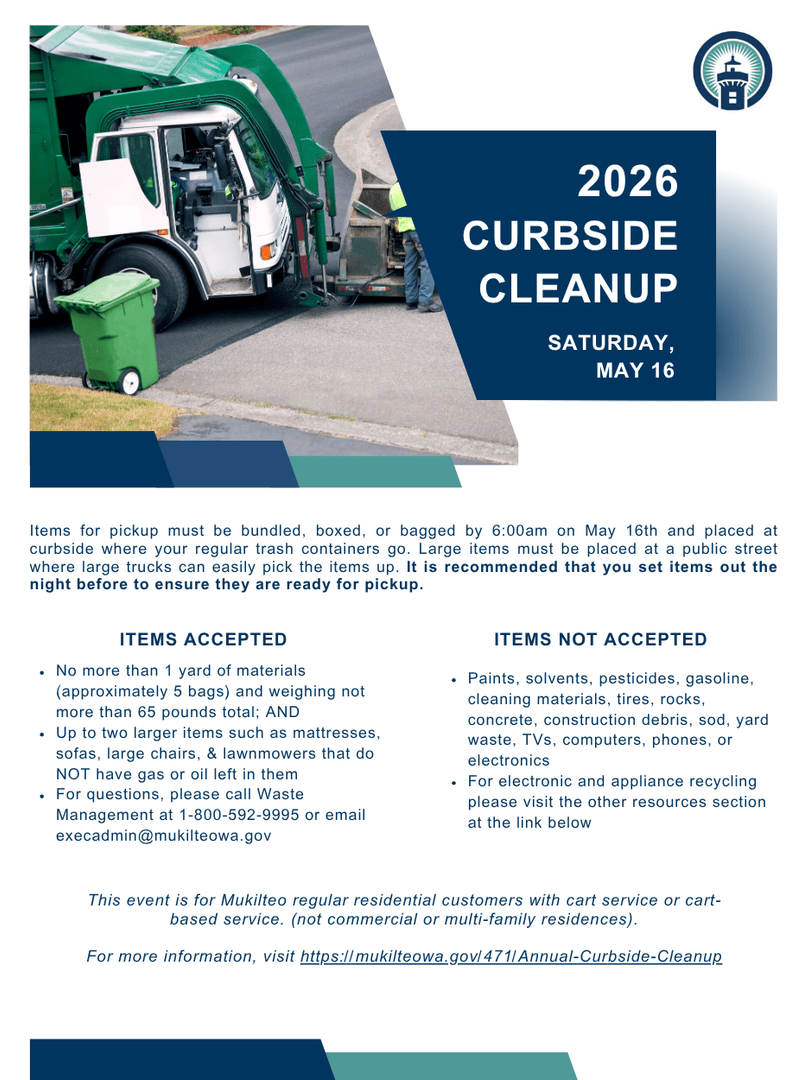 WMPugetSound's tweet photo. Mukilteo residential customers, it's time for WM's 2026 Curbside Cleanup! Get rid of up to two bulky items and 65 lbs of materials. On Saturday, May 16, we'll collect bundled, boxed and bagged items set out at the curb by 6 am. Learn more at https://t.co/6SQBN2KJ0f. https://t.co/BlQLhXq2L3