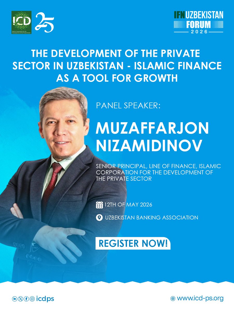 ICD_PS's tweet photo. How can Islamic finance unlock new opportunities for private sector growth in Uzbekistan? 🇺🇿

Join us at the IFN Uzbekistan Forum 2026 for the session:

“The Development of the Private Sector in Uzbekistan – Islamic Finance as a Tool for Growth”

The session will explore the role of Islamic finance in enabling investment, empowering businesses, and supporting sustainable economic transformation in Uzbekistan’s evolving financial landscape.

We are pleased to announce Muzaffarjon Nizamidinov as a speaker, sharing expert insights on the future of private sector development and Islamic finance in the region.

Register Now:
 https://t.co/TPeXeUxzVM

#IFNUzbekistanForum2026 #IslamicFinance #PrivateSectorDevelopment