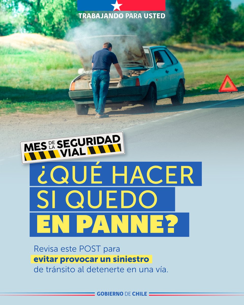 conaset's tweet photo. Una panne también puede transformarse en un riesgo ⚠️

Si debes detenerte en la vía, recuerda señalizar, usar chaleco reflectante y ubicar los triángulos de emergencia a una distancia adecuada.

Pequeñas acciones pueden prevenir un siniestro y proteger tu vida y la de los demás. https://t.co/GSF1X781fI
