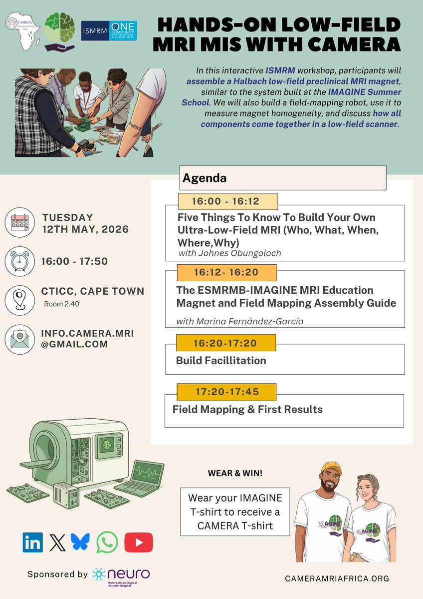 CAMERAAfrica's tweet photo. 📣🥳Celebrate MRI in 🌍 at @ISMRM 
📆 CAMERA Day: Tues May 12th
✅ NBIB New Horizon Lecture  10:40
✅ Member-Initiated Session 16:00
✅ Sponsored Network Dinner  18:30
✅ MRathon Low-field Workshop  15-17
✅ 20+Talks,Posters,&amp; tut
 
Come join us- advance MRI innovations in🌍! https://t.co/qBn5mJUwIb